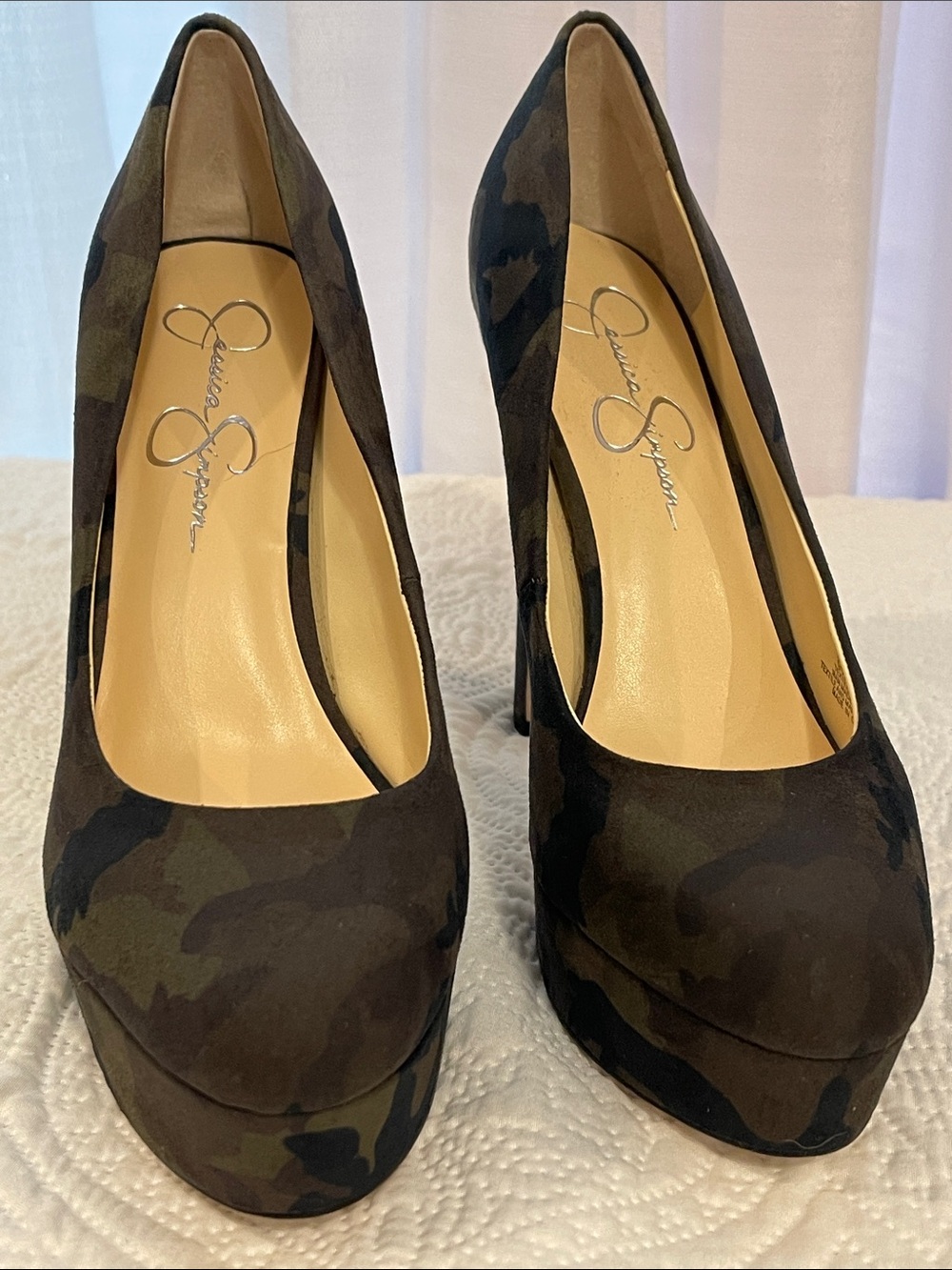 Jessica Simpson Camouflage Platform Pumps - Olive & Black Suede